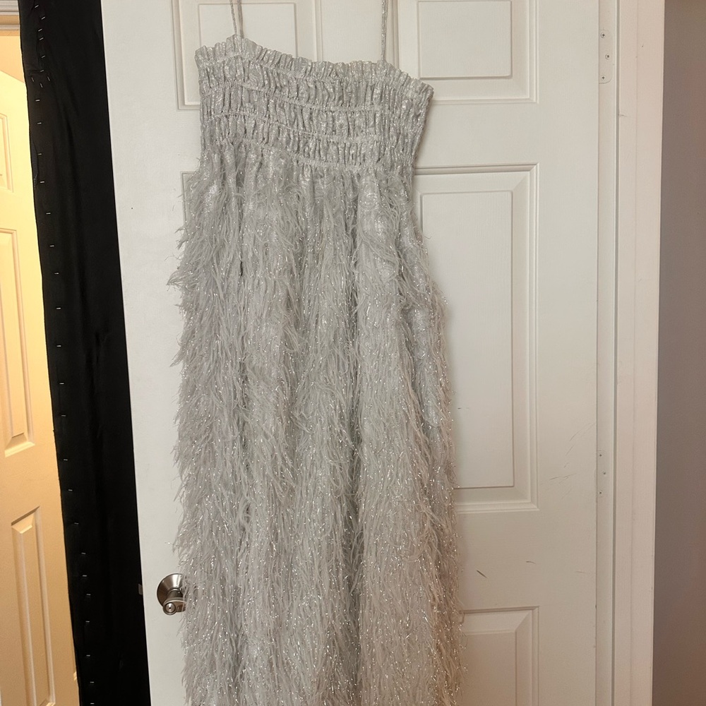 Ganni Silver Feather-Texture Midi Dress